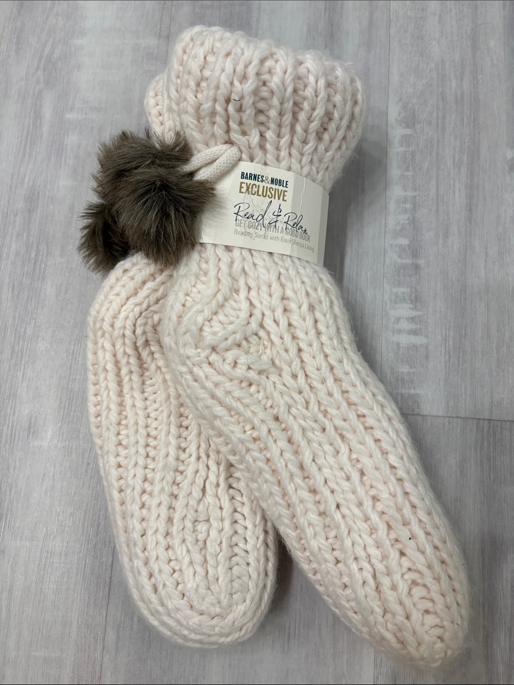 Barnes & Noble Cream Cable-Knit Pom Pom Lounge Faux Sherpa Lining Socks